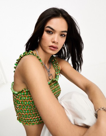 Only shirred cropped top in multi geometric print-Green