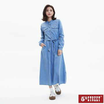 女裝 長袖牛仔洋裝-拔洗藍 (990051) 【5th STREET】【全館滿$3000贈環保餐具收納袋】