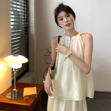 La Belleza中國風掛脖盤扣無袖雪紡襯衫寬鬆削肩雪紡衫