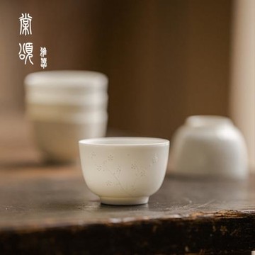 棠頌丨白瓷茶杯手工浮雕松竹梅高端主人杯單杯家用品茗杯功夫茶具