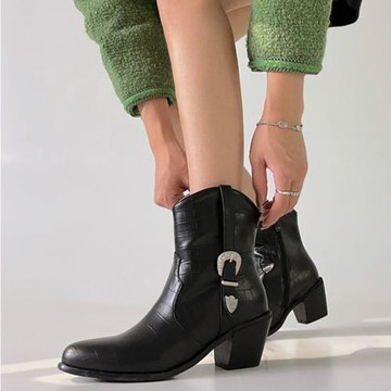 歐美風金屬皮帶扣顯瘦粗跟馬靴鱷魚紋高跟短靴大碼44 45 46 47 48