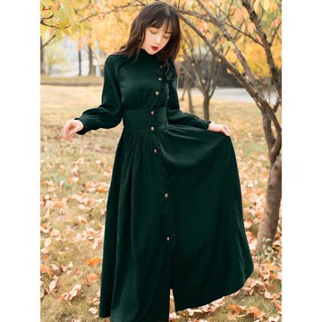 墨綠色法式小眾連衣裙設計感長裙輕熟風氣質女裝文藝復古大擺裙秋