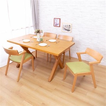 【AS】阿奇爾實木餐桌與比爾短扶手綠皮實木餐椅(一桌四椅組合)