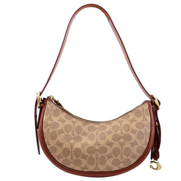 COACH CC440 經典印花皮革拼接單肩背彎月包.駝/磚紅