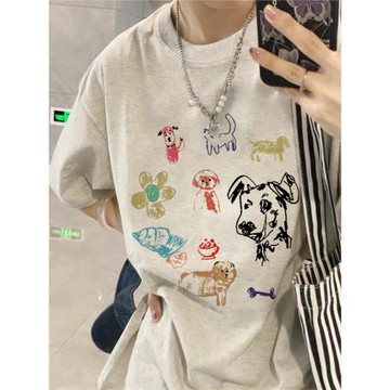 純棉美式涂鴉卡通正肩短袖t恤女2025新款設計感小眾百搭半袖上衣