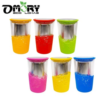 【OMORY】不鏽鋼濾網雙層耐熱玻璃杯350ml(附蓋) 環保出貨