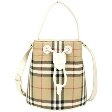 BURBERRY 巴寶莉 Vintage Check Mini 格紋塗層帆布手提/肩斜背水桶包(典藏米x皂米色)