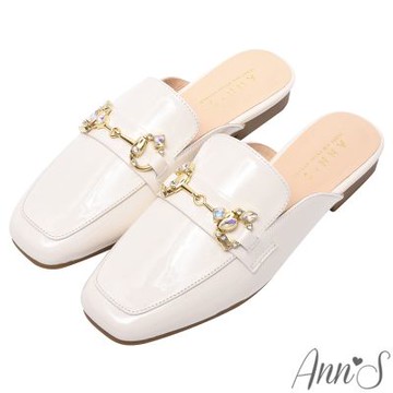 Ann’S華麗鑽馬銜扣 柔軟羊漆皮穆勒鞋1.5cm-米白