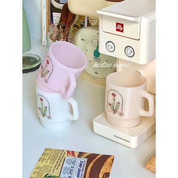 原創自制ins風韓式奶玉玻璃杯粉嫩花朵少女心牛奶杯果汁杯咖啡杯