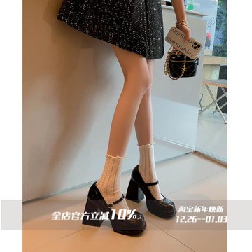 FairyWink 純欲姐姐～！一字扣帶黑色粗跟高跟鞋女復古瑪麗珍單鞋