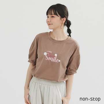 non-stop 微笑花語立體刺繡袖摺T恤-2色