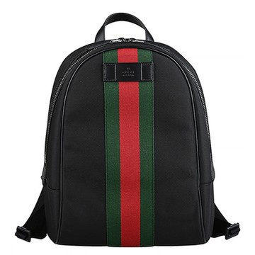 GUCCI 古馳  綠紅織帶造型皮革滾邊帆布拉鍊後背包(黑)