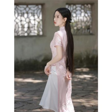 新中式粉色旗袍女夏季年輕款高端氣質奧黛日常國風連衣裙禪意茶服