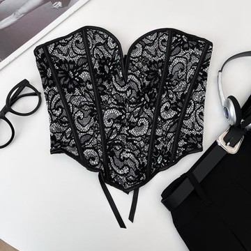 性感百搭黑色蕾絲魚骨修身顯瘦短款束腰抹胸背心文胸打底衫上衣女