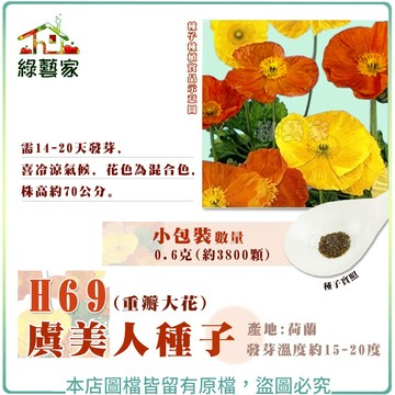 【綠藝家】H69.虞美人種子0.6克(約3800顆)(重瓣大花)  喜冷涼氣候，花色為混合色。花卉種子 花種子