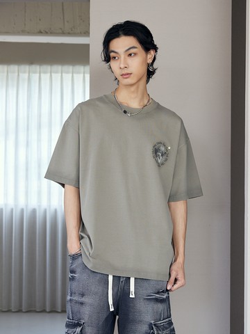 水洗天使鉚釘背圖短T