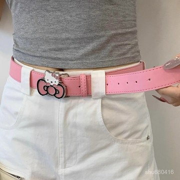 【全店免運 特價處理】hello kitty粉色KT貓頭帶鑽腰帶韆禧辣妹y2k皮帶牛仔配飾百搭褲帶