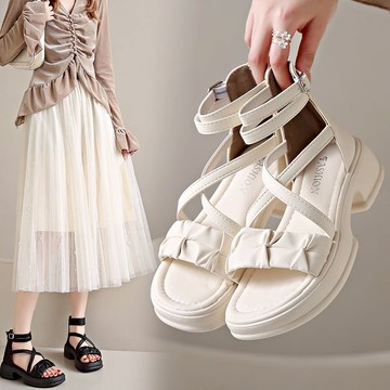 舒適不累腳✨厚底 涼鞋女 百搭 設計感交叉綁帶羅馬涼鞋 仙女風 踩屎感 超軟鏤空涼靴 後拉鍊時尚平底學生配裙子 沙灘鞋