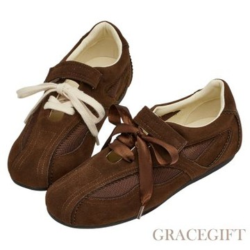 【Grace Gift】芭蕾少女方頭2WAY綁帶魔鬼氈運動鞋 咖