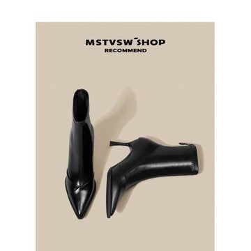 婭館 高跟短靴女秋冬新款黑色尖頭細跟單靴韓版軟皮百搭瘦瘦靴子