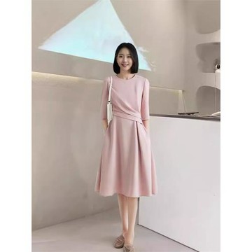 2691大碼女裝法式船領腰間捏褶網紅連衣裙胖mm簡約時尚中長款裙子