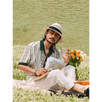 (免運)SOARIN英倫復古條紋短袖襯衫男 原創設計松弛感休閑古巴領花襯衣