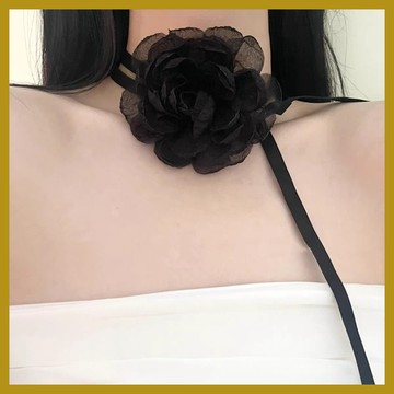 複古黑色立體山茶花項鏈女 頸帶氣質甜美小衆設計感choker