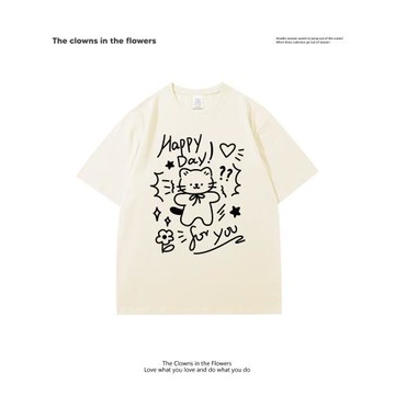 oddnova可愛簡約原宿風卡通小貓短袖T恤女2025新款圓領半袖