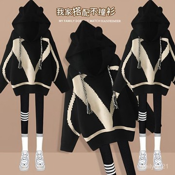 秋季溫柔係穿搭女2024新款韓版時尚氣質設計感毛衣休閒褲兩件00