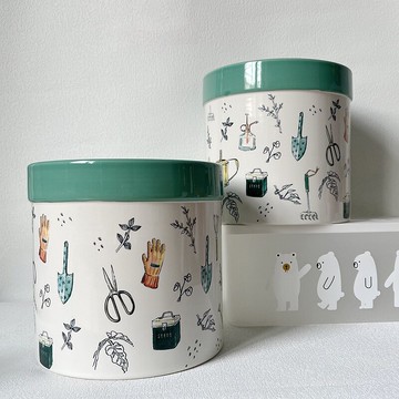 JL 出口歐美陶瓷收納 手繪插畫涂鴉風格大號園藝工具儲物桶拌土罐