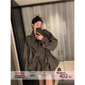 區區歐陽系帶風衣外套女秋季新款小個子復古休閑中長款高級感大衣