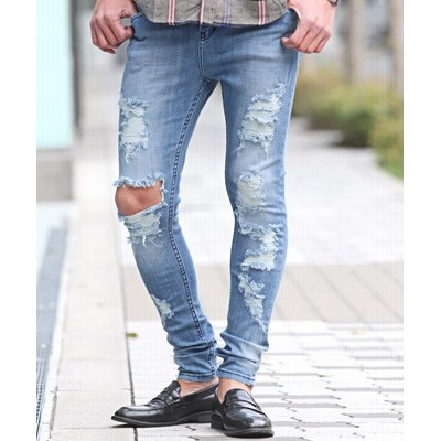 ラグスタイル ハードダメージデニムパンツ デニム パンツ スキニー ダメージ ジーンズ ストレッチ クラッシュ メンズ ブルー L Luxstyle 通販 Lineポイント最大get Lineショッピング