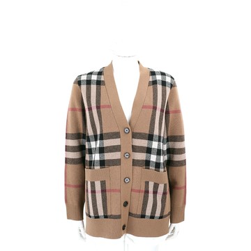 BURBERRY 巴寶莉 格紋針織樺木棕羊毛混紡喀什米爾開襟外套 針織衫(男/女可穿)