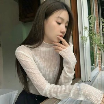 [24時熱賣]線條水波紋'蕾絲透視罩衫 可疊穿層次感 蕾絲網紗上衣 薄款網紗 蕾絲上衣