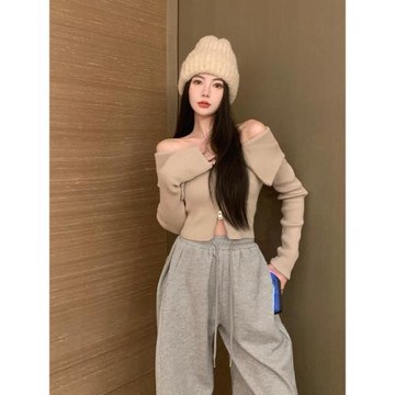 2025一字肩長袖打底衫女裝設計感別致露肩上衣雙拉鏈短款針織毛衣