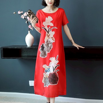 夏季新款民族風女裝復古印花大碼寬松顯瘦連衣裙中長款