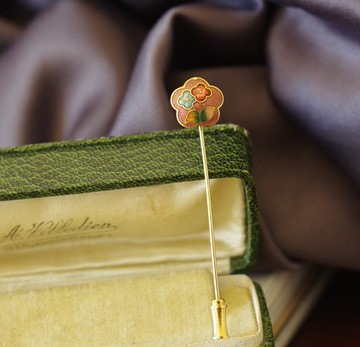 老又好古董珠寶 Vintage金色琺瑯花景泰藍別針領帶針B1807