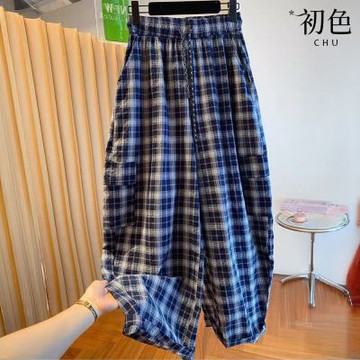 初色 休閒風格紋抽繩鬆緊高腰顯瘦闊腿彎刀褲休閒褲寬褲長褲-格子-15140(M-2XL可選)