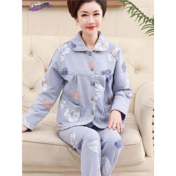 中老年加厚保暖家居服女春秋冬季夾層棉長袖睡衣中年媽媽純棉套裝