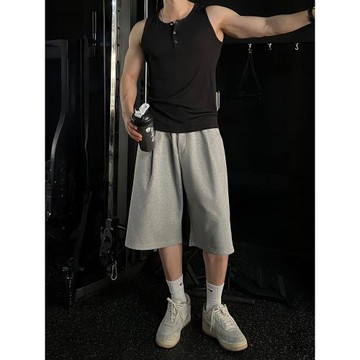 灰色運動休閑褲男夏季薄款六分褲寬松直筒休閑高腰闊腿松緊腰中褲