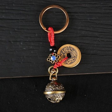 新款新款純銅五帝錢饕餮鈴鐺鑰匙扣貔貅狻猊鈴鐺鑰匙掛件地攤熱賣
