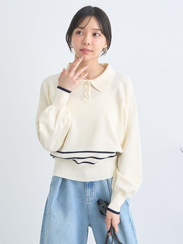 珍珠釦線條設計翻領針織上衣(01000099300) - earth music&ecology