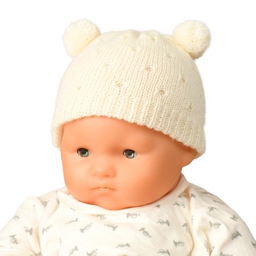 akachan honpo - 嬰幼兒柔軟針織帽-球球熊耳-象牙白色 (36～40cm)-日本製