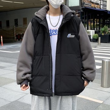 潮牌連帽假兩件棉衣男韓版冬季ins港風學生加厚面包服棉襖外套潮