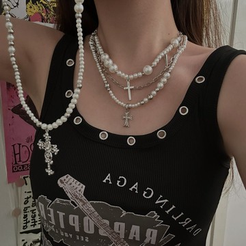 【台灣公司 可打統編】免運 十字架疊戴長款珍珠項鏈跨境熱銷小眾設計甜酷辣妹鎖骨鏈百搭飾品 可開發票 全館五折 工廠現貨直銷 新品特價 z9211