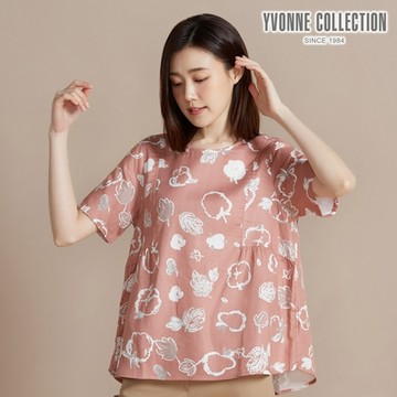 YVONNE 以旺傢飾 雙層棉植物印花短袖上衣-薔薇粉