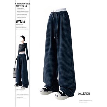美式復古撞色格子褲女春秋2025新款高腰慵懶山本褲休閑垂感闊腿褲