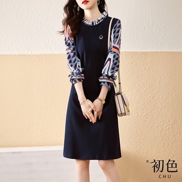 初色 假兩件印花收腰修身顯瘦刺繡圓領長袖A字裙連衣裙-藏青色-30452(M-XL可選)