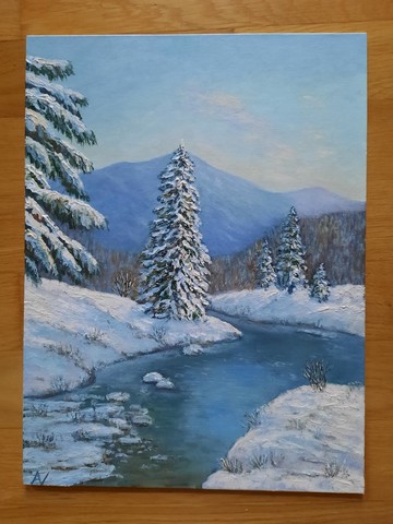 冬日景緻 原創油畫；結冰的河流、山巒、杉樹藝術畫作