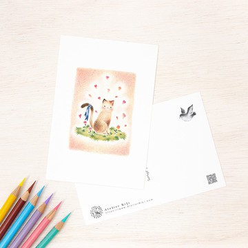 5張一組。繪本般的。明信片「貓咪 नाना的藍色緞帶」PC-115